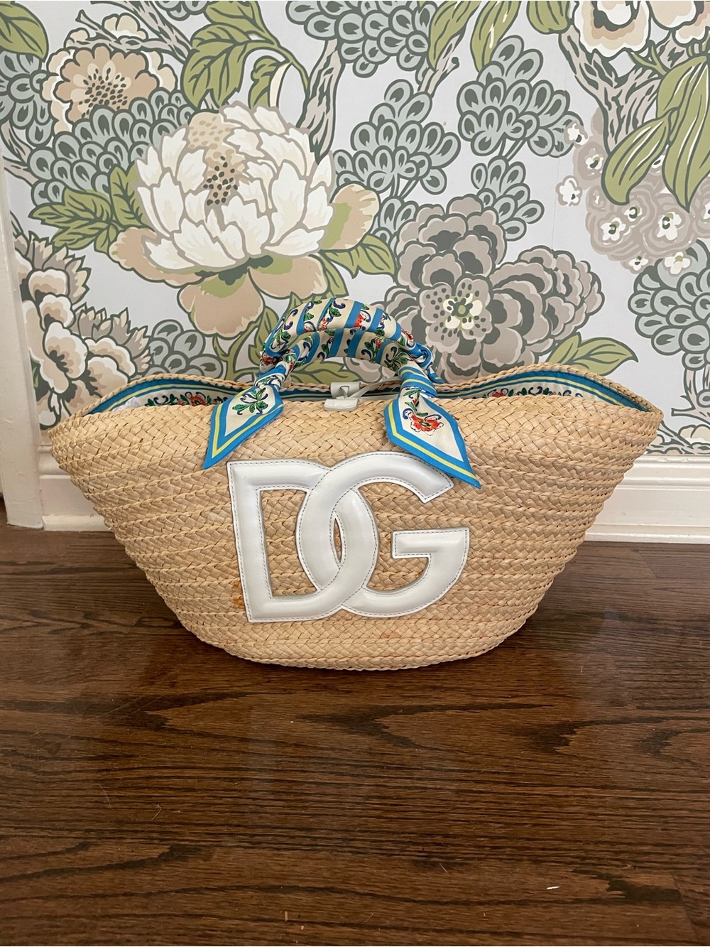 Dolce & Gabbana Natural Straw Tote with White Logo and Blue-Trim Scarf